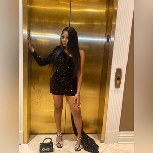 Black Embellished One Shoulder Mini Dress